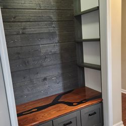 Doing It With Zeal - Converted a entryway closet into a mudroom bench with shelves.