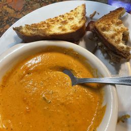Amazing blue cheese & tomato bisque soup & grilled cheese with bacon and onions! Amazing blue cheese & tomato bisque soup & grilled cheese with bacon and onions!