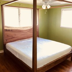 Rust & Root Furniture - Walnut canopy bed with live edge headboard