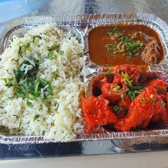 Indian Tadka - Lunch Combo with rice, chicken 65 (bottom right) and chicken kodikura (top right) ~$13 (served with naan and dessert) - Indian Near Me - Sunnyvale, California Indian Tadka - Lunch Combo with rice, chicken 65 (bottom right) and chicken kodikura (top right) ~$13 (served with naan and dessert) - Indian Near Me - Sunnyvale, California