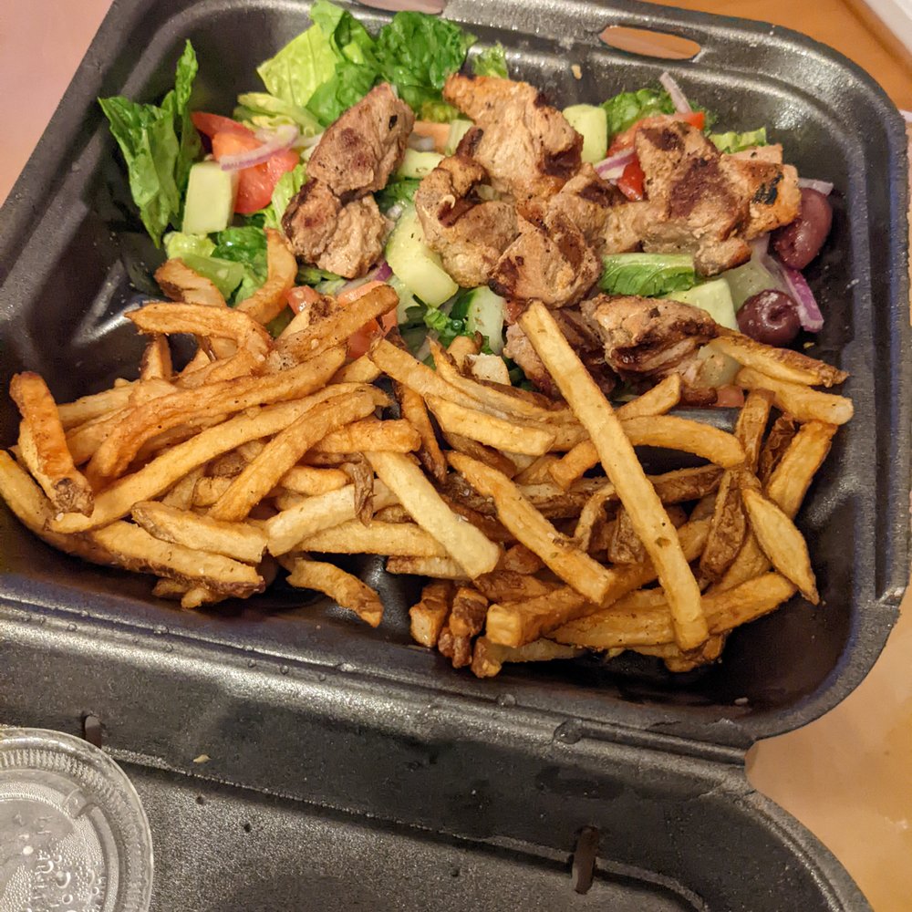 Plaka Grill - Plaka salad with fries and added pork souvlaki - Greek Near Me - Vienna, Virginia Plaka Grill - Plaka salad with fries and added pork souvlaki - Greek Near Me - Vienna, Virginia