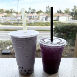 Skybound Coffee + Dessert Lounge - (L) - (R): Blended Taro milk tea with boba, Iced purple tea