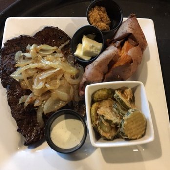 Brother's - Beef lover with onion and baked sweet potato and friend pickles - American Near Me - Young Harris, Georgia Brother's - Beef lover with onion and baked sweet potato and friend pickles - American Near Me - Young Harris, Georgia