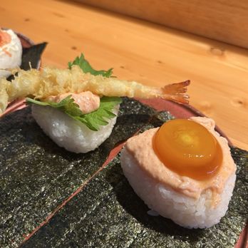 Onigiri Onibe - Mentaiko Fresh Egg Yolk and Shrimp Tempura Mentaiko - Japanese Near Me - Honolulu, Hawaii Onigiri Onibe - Mentaiko Fresh Egg Yolk and Shrimp Tempura Mentaiko - Japanese Near Me - Honolulu, Hawaii