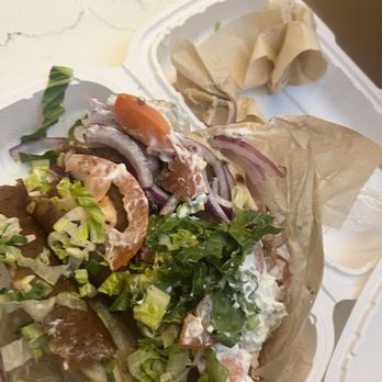Mediterranean Kitchen - Beef & lamb gyro. It was a big messy glob of things. Air fryer was used for the pita - Greek Near Me - Atlantic City, New Jersey