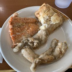 Asian Buffet - Salmon, frog legs, and apple pie.