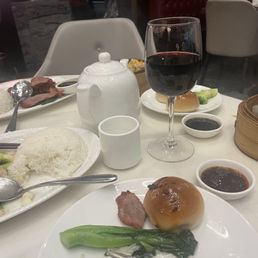 Chinese broccoli with bbq pork and baked bbq pork bun, chicken with vegetables, siu mai, shrimp with chives. Chinese broccoli with bbq pork and baked bbq pork bun, chicken with vegetables, siu mai, shrimp with chives.