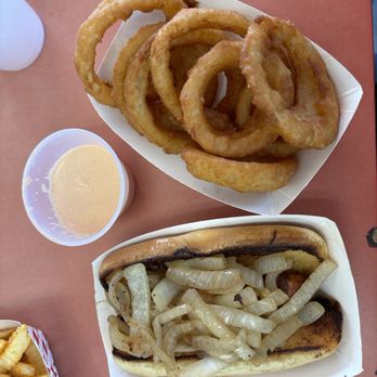 Big Mill's - Veggie dog with sautéed onions & side of onion rings - Sandwiches Near Me - Gainesville, Florida
