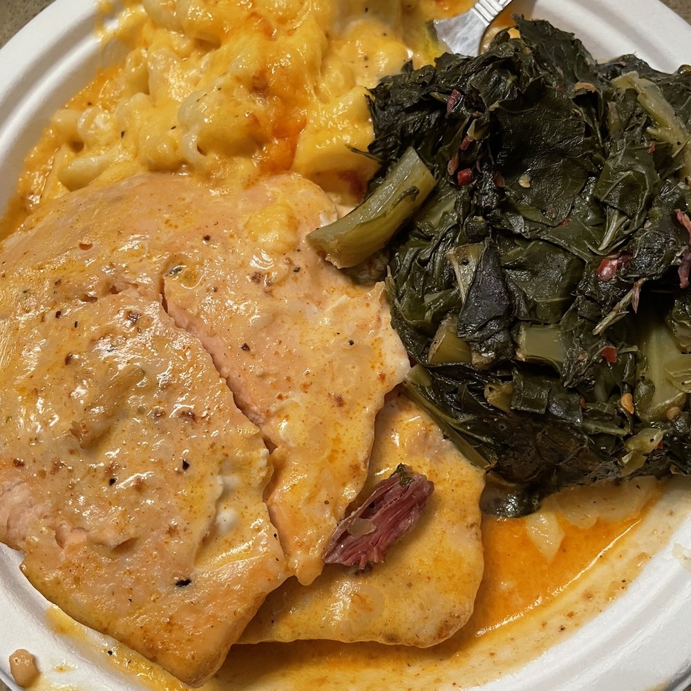 Ka'ribbean Fire - Cajun salmon with Mac n cheese & collard greens - Caribbean Near Me - La Plata, Maryland Ka'ribbean Fire - Cajun salmon with Mac n cheese & collard greens - Caribbean Near Me - La Plata, Maryland