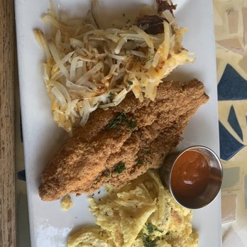 Batter & Berries - Mustard fried catfish with hashbrowns and scrambled eggs with smoked Gouda - Breakfast & Brunch Near Me - Chicago, Illinois