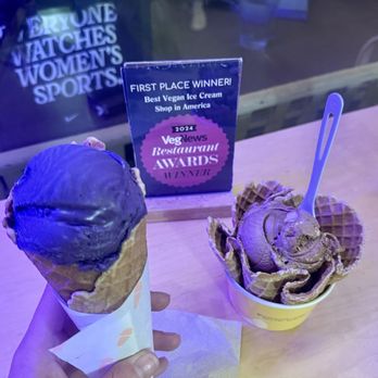 Kate's Ice Cream - Scoop of Ube in a Gluten-free Waffle Cone and Triple Chocolate Brownie in a gluten free waffle bowl. - Ice Cream & Frozen Yogurt Near Me - Portland, Oregon Kate's Ice Cream - Scoop of Ube in a Gluten-free Waffle Cone and Triple Chocolate Brownie in a gluten free waffle bowl. - Ice Cream & Frozen Yogurt Near Me - Portland, Oregon