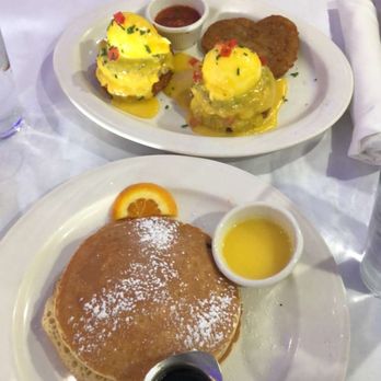 Caffe Luna Rosa - Full stack of Buttermilk Pancakes and Crab Cake and Fried Green Tomatoes Eggs Benedict - Italian Near Me - Delray Beach, Florida