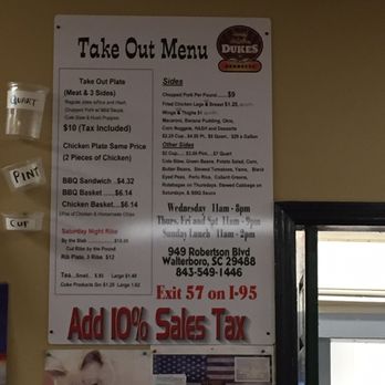 Dukes Barbecue - Take out menu for the locals drive thru. - Barbeque Near Me - Walterboro, South Carolina
