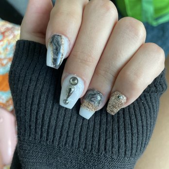 V&V Wellness And Spa - birthday nails! glitzy studded style with marble effect in black white and gold - Skin Care Near Me - Orlando, Florida V&V Wellness And Spa - birthday nails! glitzy studded style with marble effect in black white and gold - Skin Care Near Me - Orlando, Florida