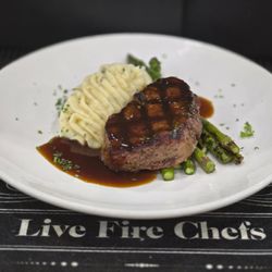 Live Fire Chefs - Filet Mignon served with Boursing whipped potatoes & Grilled Asparagus.