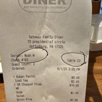 Gateway Family Diner - Lunch was $29 +20% tip that we left. - Diners Near Me - Gettysburg, Pennsylvania Gateway Family Diner - Lunch was $29 +20% tip that we left. - Diners Near Me - Gettysburg, Pennsylvania