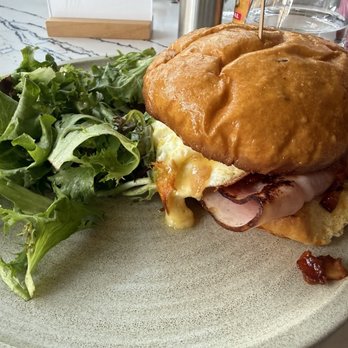 Palm Palm - Ritual Breakfast Sandwich (milk brioche, two fried eggs, smoked gouda, tomato bacon jam, black forest ham) - Bars Near Me - Pittsburgh, Pennsylvania