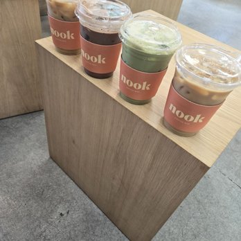 Nook coffee bar - Honey oat latte, mocha latte, strawberries matcha latte, and a coastline cold brew in order from left to right. - Coffee & Tea Near Me - Rancho Cucamonga, California Nook coffee bar - Honey oat latte, mocha latte, strawberries matcha latte, and a coastline cold brew in order from left to right. - Coffee & Tea Near Me - Rancho Cucamonga, California
