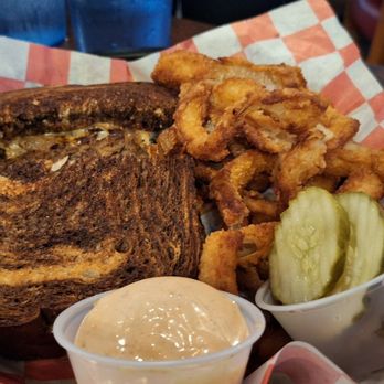 Flat Creek Restaurant - Patty melt on rye with onion rings - Seafood Near Me - Cape Fair, Missouri Flat Creek Restaurant - Patty melt on rye with onion rings - Seafood Near Me - Cape Fair, Missouri