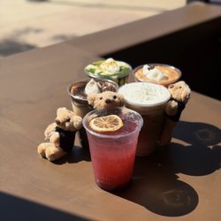 Raspberry Sparkling Ade, Hojicha Einspanner, Coconut Cream Top, Pistachio Matcha, Re Coffee Einspanner