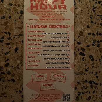 Sunroom - Happy Hour Menu (taken February 2024) - Cocktail Bars Near Me - Orlando, Florida