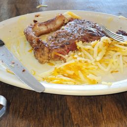 Steak n' eggs. Steak is complete gristle. Steak n' eggs. Steak is complete gristle.
