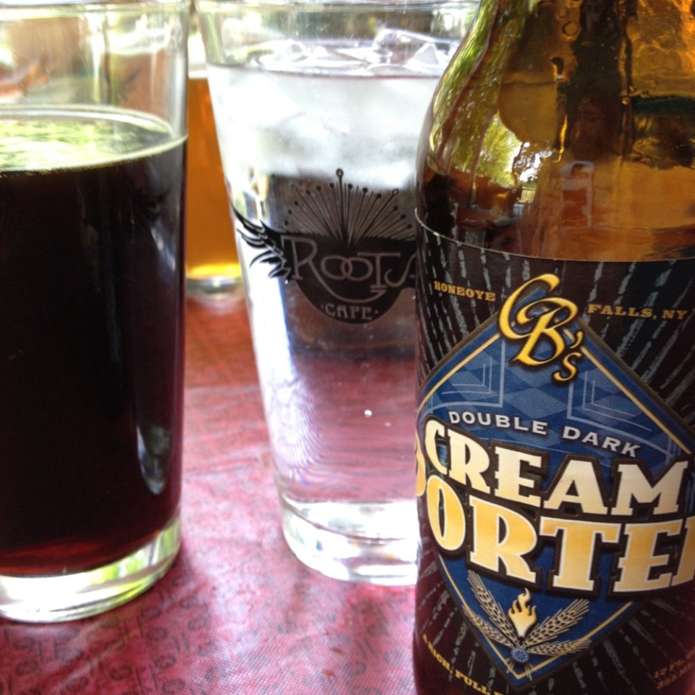 Roots Cafe - Regional beers are available, including this double dark cream porter from Honeoye Falls, NY - New American Near Me - Naples, New York Roots Cafe - Regional beers are available, including this double dark cream porter from Honeoye Falls, NY - New American Near Me - Naples, New York