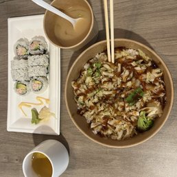Teriyaki vegetable bowl!! California roll with miso soup and green tea Teriyaki vegetable bowl!! California roll with miso soup and green tea