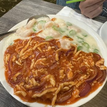 Hong Kong Cafe - diced seafood and chicken with gravy over rice - loved the seafood side, but the chicken side is a bit sweet for me - Noodles Near Me - Richmond, California