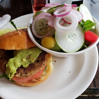 Seabiscuit Cafe - Black bean burger with a side salad - Bars Near Me - Mackinac Island, Michigan Seabiscuit Cafe - Black bean burger with a side salad - Bars Near Me - Mackinac Island, Michigan