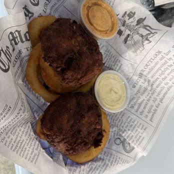 The Chipper - Overly fried crab cakes on top of onion rings - Fish & Chips Near Me - Newport News, Virginia