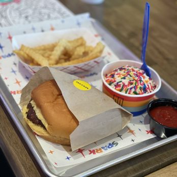 Spark - Chisholm Creek - Kids burger meal with vanilla custard with sprinkles - Burgers Near Me - Oklahoma City, Oklahoma Spark - Chisholm Creek - Kids burger meal with vanilla custard with sprinkles - Burgers Near Me - Oklahoma City, Oklahoma