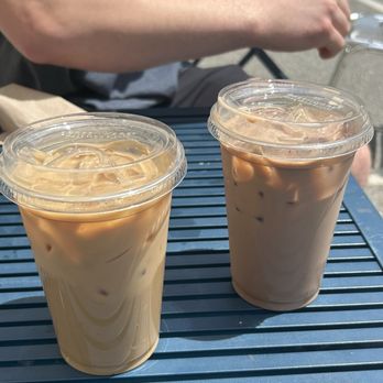 Choco-Latte - Maine Maple Oat latte (left) & Mocha latte (right) - Coffee & Tea Near Me - Bar Harbor, Maine