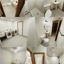 Bantz Family Construction Remodel & Repair - A dark laundry room and unfinished bathroom transformed into a bright mudroom and bathroom.