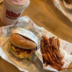 Habit Burger & Grill - BBQ Bacon Char with Cheese, Sweet Potato Fries and a strawberry milkshakes
