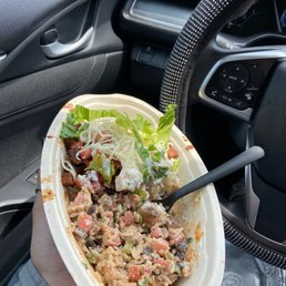 White, black beans, steak, pico, sour cream, cheese, lettuce White, black beans, steak, pico, sour cream, cheese, lettuce