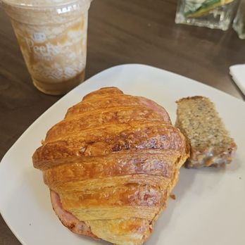 Sequoia Mountain Bakery - Croissant sandwich with egg, ham, bacon, and Swiss cheese, and a small caramel Frappuccino! - Bakeries Near Me - Kernville, California Sequoia Mountain Bakery - Croissant sandwich with egg, ham, bacon, and Swiss cheese, and a small caramel Frappuccino! - Bakeries Near Me - Kernville, California