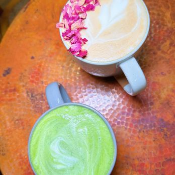 Cafe Canary - two cups of matcha latte on a table - Coffee & Tea Near Me - Brooklyn, New York
