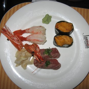Japango - smaller plate during all you can eat uni (they charge a supplement for it), amaebi, and seared beef - Japanese Near Me - Boulder, Colorado