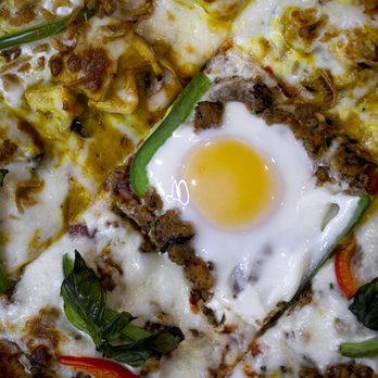 SOI Snacks - Spicy Thai Basil Pork with Egg Pizza - Thai Near Me - Markham, Ontario