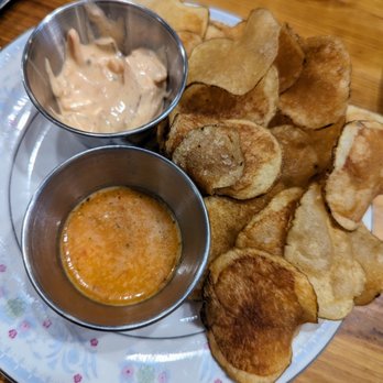 Bombolo - Extra side of chips with the same kimchi mayo that came on the Dirty Bird Biscuit and hot sauce with the chicken fingers. - New American Near Me - Chapel Hill, North Carolina