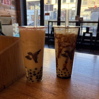Hello Jasmine - Lincoln Park - On the the left is jam Jasmine Green Boba Milk Tea and on the right is Brown Sugar Boba Milk Tea. - Bubble Tea Near Me - Chicago, Illinois