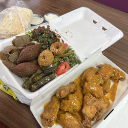 Wally's Gyros & Subs - Combination Platter w/fattoush salad and tabbouleh as sides and 10 wings (sweet & tangy)
