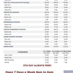 Sunrise Ski & Snowboard Rentals - Pricing sheet