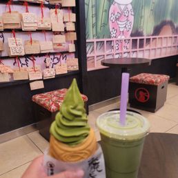 Soft Serve matcha taiyaki and iced matcha latte Soft Serve matcha taiyaki and iced matcha latte