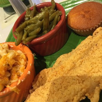 Mama J's Kitchen - My catfish meal with Mac and green beans and a corn muffin. - Soul Food Near Me - Richmond, Virginia Mama J's Kitchen - My catfish meal with Mac and green beans and a corn muffin. - Soul Food Near Me - Richmond, Virginia