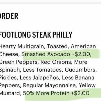 Subway - Paid extra for no extra meat Paid extra for no added avocado - Receipt for two Footlong Steak Philly sandwiches, with added options for smashed avocado and increased protein, totaling $35.98. - Sandwiches Near Me - Ottawa, Illinois