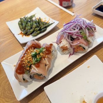 X-Fish - Garlic Albacore Roll and Hamachi Yuzu Ponzu Roll - Sushi Bars Near Me - Brea, California X-Fish - Garlic Albacore Roll and Hamachi Yuzu Ponzu Roll - Sushi Bars Near Me - Brea, California