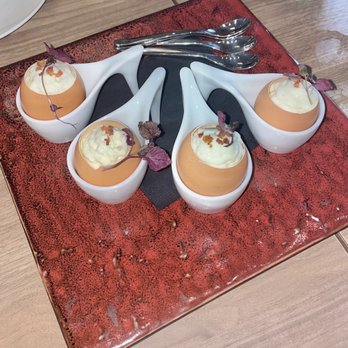 El Cielo - Truffle Egg Custard Pudding - Bacon, potato espuma, herb, truffle oil $8 (each) - Tapas Bars Near Me - Honolulu, Hawaii El Cielo - Truffle Egg Custard Pudding - Bacon, potato espuma, herb, truffle oil $8 (each) - Tapas Bars Near Me - Honolulu, Hawaii
