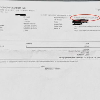 Justins Towing - Impound invoice which shows the "reason" for impound. - Towing Near Me - Ozone Park, New York